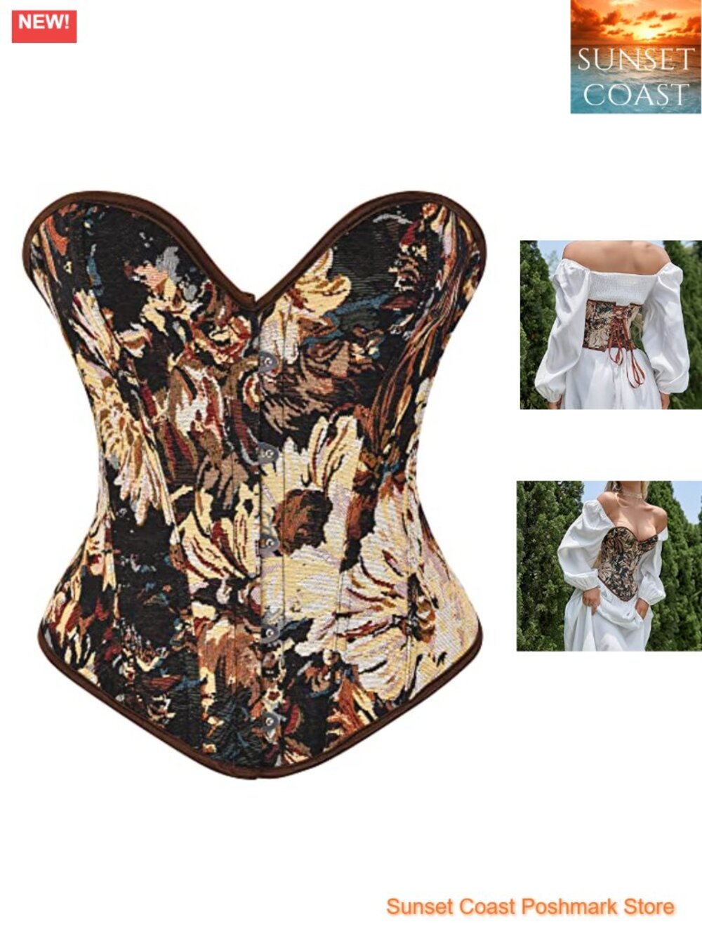 Vintage Floral Denim Overbust Corset Bustier Top Steel Boned Waist Train